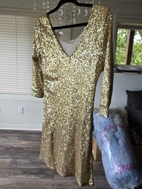 Gold Sequin V-Neck Women's Dress